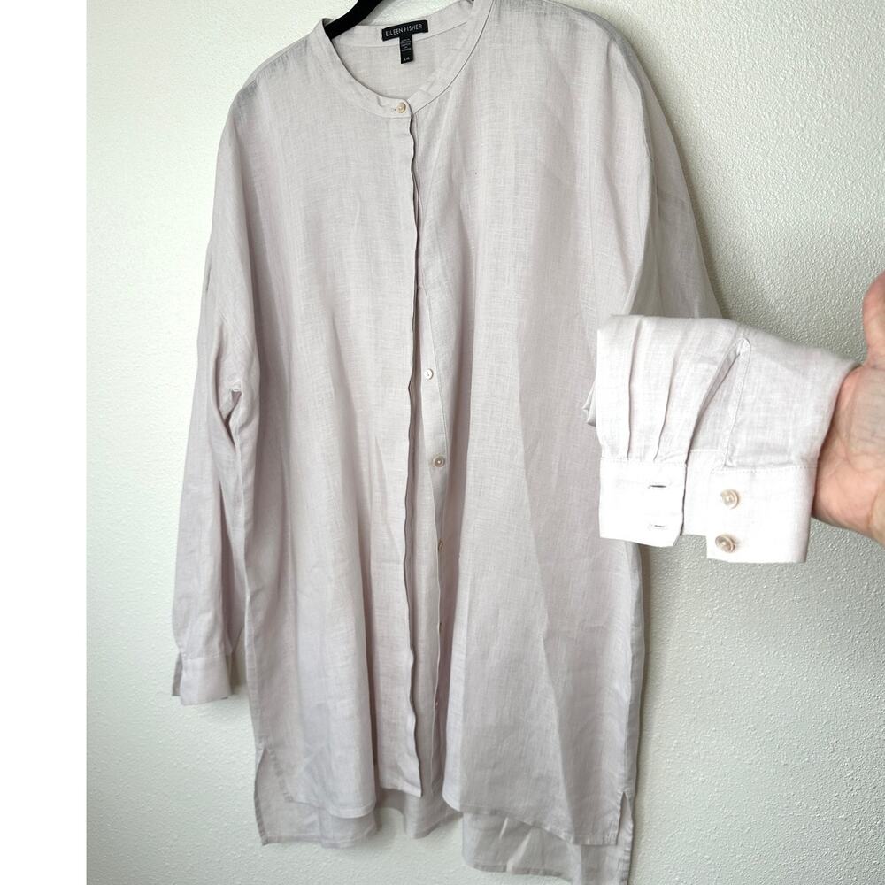 Eileen Fisher Pale Pink Organic Handkerchief Linen Mandarin Collar Shirt L